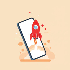 A vibrant red rocket launches with a fiery trail from a modern smartphone screen, symbolizing rapid digital growth and technological advancement.