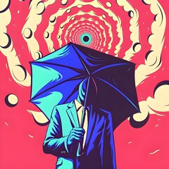 Abstract illustration of a figure in a suit holding an umbrella against a surreal, swirling background.