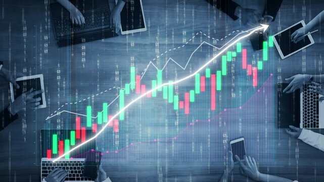 This image depicts hands using various digital devices over a wooden table, illustrating growth and progress through a graph in a modern business environment. Copula