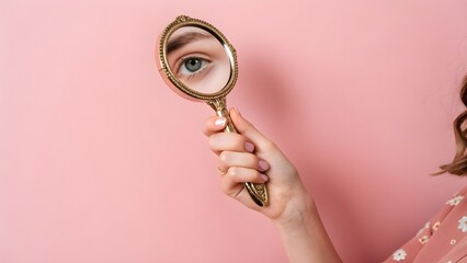 A person's hand holding a mirror, reflecting an eye against a pink backdrop.