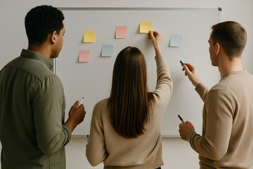 a whiteboard covered in colorful sticky notes in the foreground, colleagues collaborating in a modern, open-plan workspace, representing brainstorming