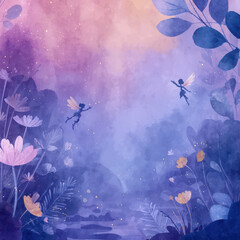 Magical fairies with delicate wings float above dreamy floral landscape, surrounded by soft and bold petals, glowing light, and whimsical plants in pastel colors