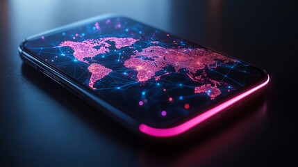 A smartphone glowing with a digital holographic map of the world in pink neon lights connected with blue networks, symbolizing global communication, technology, internet, data, and advanced innovation