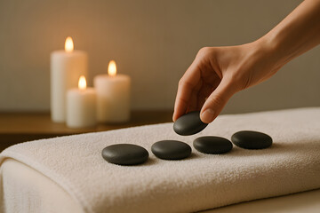 Relaxing spa setup with stone, candle, and towel