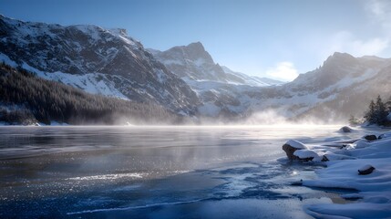 Panoramic winter landscape of a scenic frozen mountain lake