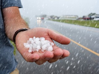 Close-up of a hand holding ice pellets of hail during heavy rainfall near a busy wet highway.