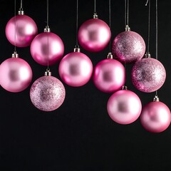Obraz premium Shiny pink Christmas ornaments hanging against black backdrop