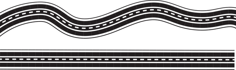 Wavy winding curves roads and horizontal path. Horizontal asphalt road template. Flat vector illustration isolated on transparent background. 
