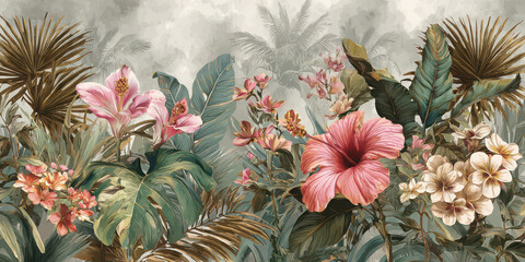 Tropical flower palm leaf pink hibiscus plumeria botanical pattern lush foliage exotic plant soft petal bold petal nature vintage background create vibrant and calming atmosphere