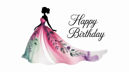 Silhouette of a woman in a colorful dress with Happy Birthday text