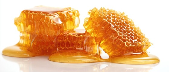 The Honeycomb and Golden Honey Dripping on a Glossy White Surface