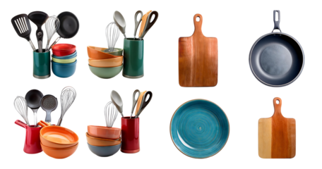Colorful Kitchen Utensils and Dinnerware Arrangement on White Background, PNG bundle collection, Isolated on Transparent Background