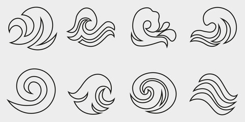 Abstract Wave Set: Elegant Line Art Ocean Icons, Modern Design, Dark Background. Collection of stylized ocean wave illustrations showcasing various shapes. Stylized fire or flame graphic elements.