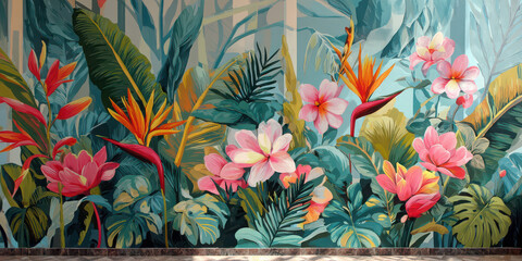 Tropical flower mural with soft and bold petals, lush green leaves, and vibrant colors creates lively, cheerful atmosphere, perfect for interior wall decoration or artistic inspiration