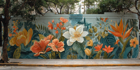 Large floral mural with soft and bold petals, tropical leaves, and vibrant flowers decorates urban wall, creating lively and artistic street atmosphere