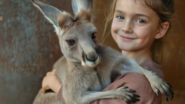 Girl Cuddling Baby Kangaroo Close-Up
