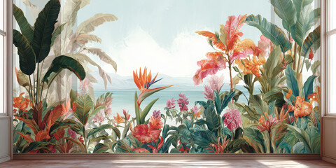 Tropical flower mural with soft and bold petals, lush green leaves, and vibrant colors creates lively, exotic atmosphere in sunlit room with ocean view