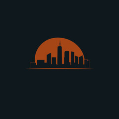 Fototapeta premium Silhouette of a city skyline with skyscrapers against a bright moon, framed by a stylized baseball diamond shape.