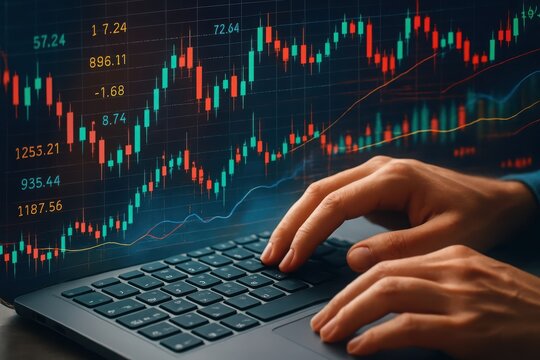 Hands typing on laptop keyboard with financial stock market data graph display