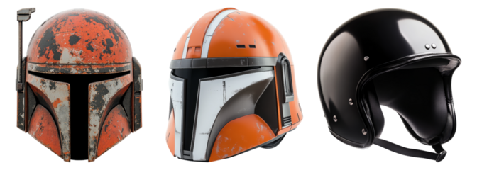 Three Unique Helmet Designs Showcasing Variety and Style, Isolated on Transparent Background