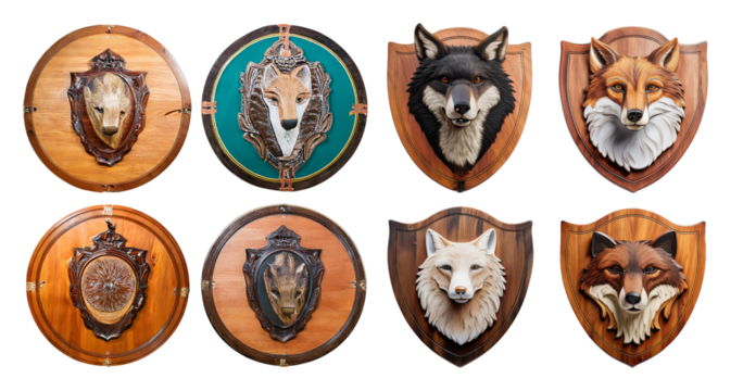 Artistic Taxidermy Wall Mounts Featuring Animal Head Sculptures, isolated on transparent background