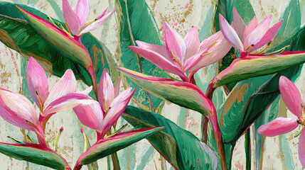 Pink flower green leaf botanical pattern tropical plant soft petal bold petal nature floral art decorative vibrant spring illustration