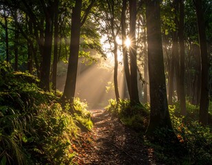 Fototapeta premium Sunlight streams through a misty forest path