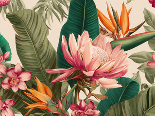 Tropical flower pattern with soft and bold petals, lush green leaves, and vibrant orange and pink blossoms create lively, exotic, and cheerful botanical design