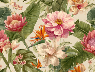 Tropical flower green leaf pink petal orange blossom botanical pattern nature exotic summer decorative lush vibrant elegant