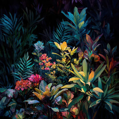 Tropical foliage vibrant leaves colorful flowers lush greenery exotic plants soft and bold petals nature pattern botanical garden jungle atmosphere dramatic lighting peaceful mood natural beauty