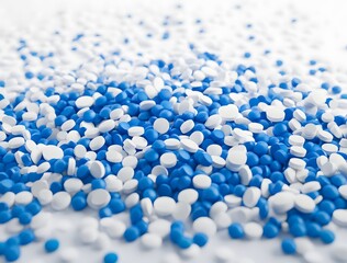 Blue, white pills create clean abstract pattern on bright surface. Use for medical, health, branding, presentation, or video backdrop.