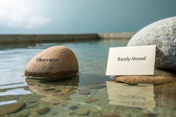 Serene Reflections on Water with Two Rocks Featuring Observation and Barely Moved Labels in Calm Environment