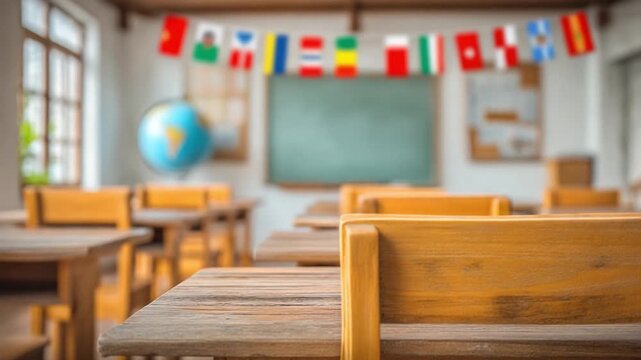 Classroom of Global Learning: A warm, inviting classroom setting with rows of wooden desks, a globe, and international flags.