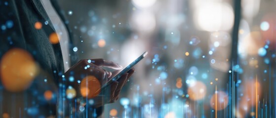 The smartphone in hand with glowing data overlay and urban bokeh lights at night