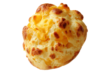 Small cheesy bread ball with golden crust and holes, isolated on white background, concept of Brazil Pao de Queijo food