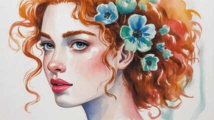 Watercolor portrait of a young woman with red curly hair and flowers
