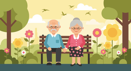 This flat design illustration portrays an elderly couple peacefully enjoying nature in a garden, symbolizing companionship and the therapeutic benefits of the outdoors for seniors.