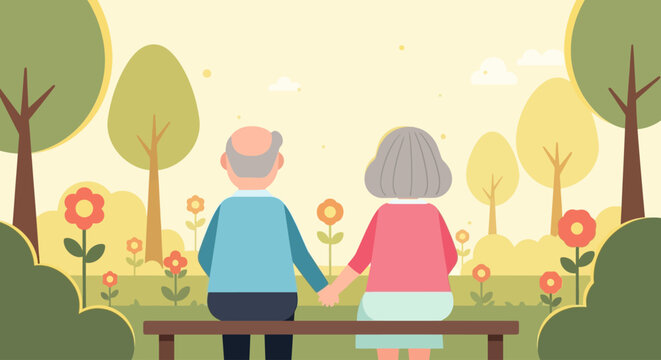 This flat design illustration portrays an elderly couple peacefully enjoying nature in a garden, symbolizing companionship and the therapeutic benefits of the outdoors for seniors. - Powered by Adobe
