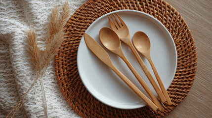 Bamboo cutlery wooden spoon fork knife on white plate with woven placemat and neutral textile, cozy rustic table setting evokes warm calm