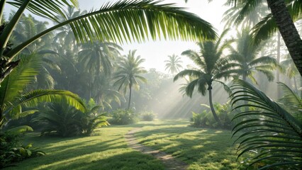 Fototapeta premium Serene Tropical Landscape with Lush Green Palm Trees and Soft Morning Light Streaming Through the Misty Atmosphere