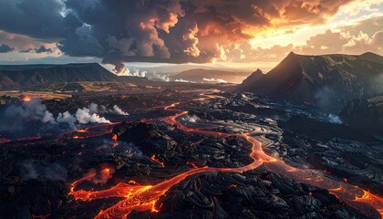 Epic landscape features flowing, molten lava, dramatically set against a fiery sunset and dramatic, stormy skies filled with billowing clouds in an imposing, natural display of geological power.