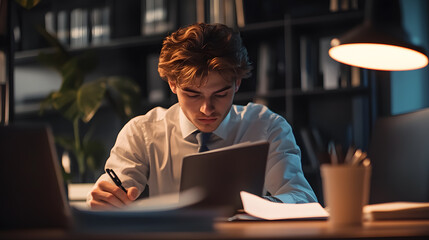 So happy that I got this job!-a young businessman working enthusiastically in his office.