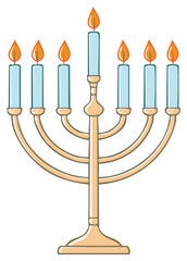 Hanukkah Menorah with Seven Lit Candles Illustration, Jewish holiday tradition. Traditional religious symbol for the celebration of the Festival of Lights.