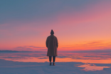 Person standing on a frozen lake at sunset wearing a long coat and beanie, minimalist winter landscape with pastel sky reflection on ice, serene atmosphere, cinematic lighting. Generative AI.