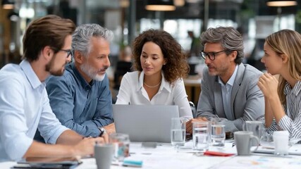 Strategic Gathering: A focused group of professionals engages in a dynamic discussion during a crucial meeting, their attention centered around a laptop and its strategic importance.