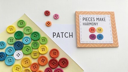 Colorful buttons and a scrapbook layout showcasing creativity and craft with a harmonious message about making pieces fit together.