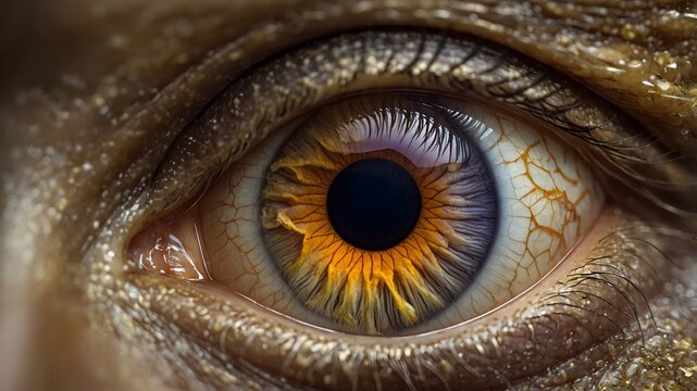 Primer plano macro de un ojo humano con iris multicolor en tonos dorados y azulados y textura detallada de la piel