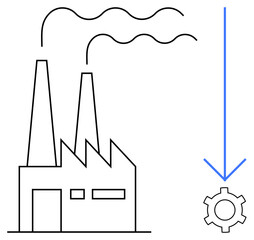 Factory building with smoke-emitting chimneys and a downward arrow pointing to a gear. Ideal for industry, production, efficiency, innovation, process engineering, automation, simple landing page