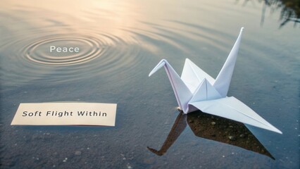 Serene Paper Crane on Water Surface Invoking Peace and Tranquility with Soft Flight Message in Calm Environment