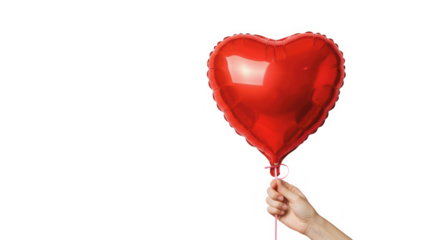 Shiny Mylar heart balloon held in hand isolated on transparent background. Gleaming red heart balloon on diagonal. Inflated reflective balloon with highlights.